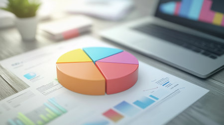 A high-angle view of a 3D pie chart with labeled segments, placed on a desk alongside business documents and a laptop, symbolizing data analysis in a corporate setting.の素材