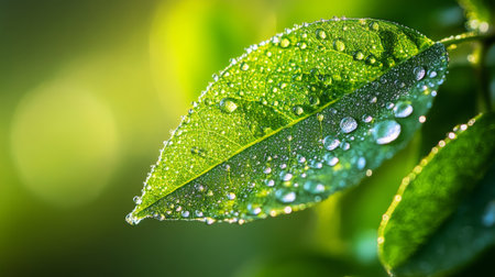 A macro shot of a single leaf with tiny water droplets on its edges, capturing the intricate details and freshness of early morning dew.の素材