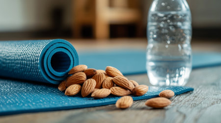 A health-focused image featuring a handful of almonds next to a yoga mat and water bottle, promoting a balanced lifestyle and wellness.の素材