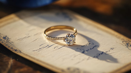 A luxurious scene featuring a diamond engagement ring resting on a wedding invitation, symbolizing love and commitment, perfect for romantic occasions.の素材