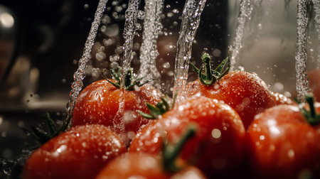 A high-resolution image of tomatoes being washed under a stream of water in a kitchen sink, showcasing their freshness and the process of preparing them for cooking.の素材