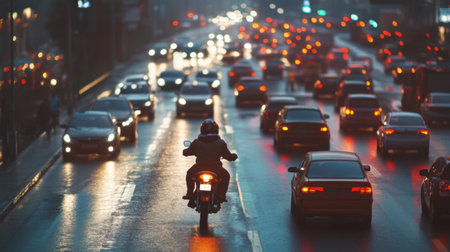 A serene scene of a motorcycle weaving through traffic, contrasting the slow-moving cars, capturing the ingenuity of navigating congested roads.の素材
