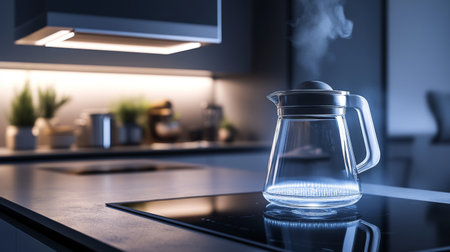 A modern kitchen with a stylish glass kettle boiling water, showcasing the kettles illuminated interior and elegant design as it heats up.の素材