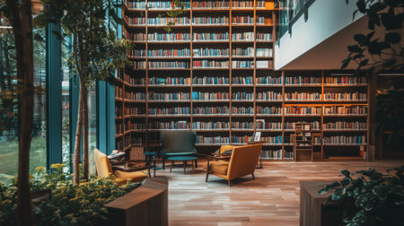 A serene interior of a modern library with tall shelves filled with books, soft lighting, and cozy reading nooks inviting patrons to explore and enjoy their favorite titles.の素材