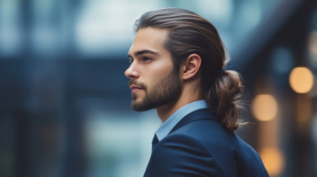 A man with long, straight hair tied into a sleek ponytail, standing confidently in a professional or business environment.の素材