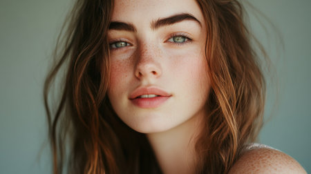 A natural beauty shot of a woman with minimal makeup, wearing a relaxed expression, with soft, diffused lighting highlighting her features.の素材