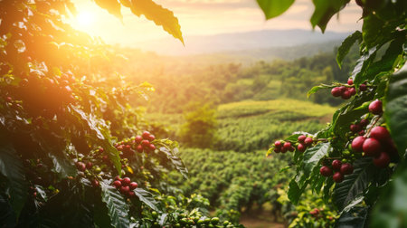 A serene scene of a coffee plantation with lush green coffee trees and ripe coffee cherries, illustrating the origin of coffee beans and the beauty of nature.の素材