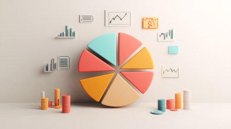 A minimalist financial pie chart with pastel-colored slices, displaying income distribution, with financial icons and subtle shadows on a light background.の素材
