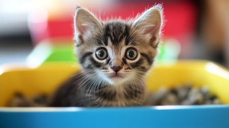 A playful shot of a curious kitten exploring a colorful litter box, with soft fur and bright eyes, capturing the innocent curiosity of young cats in a home setting.の素材