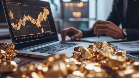 A professional setting with a trader analyzing a gold graph on a laptop, surrounded by financial reports and gold bullion, illustrating the world of investment and trading.の素材