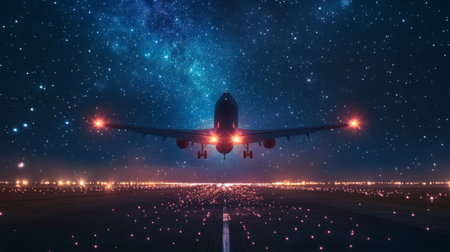 A night scene of an airplane taking off with its landing lights shining brightly, set against a starry sky, capturing the magic of flying under the stars.の素材