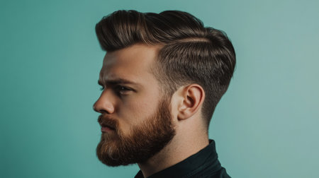 A profile shot of a man with a slicked-back pompadour hairstyle, with his beard neatly trimmed, exuding a classic yet stylish look.の素材