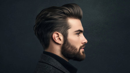 A profile shot of a man with a slicked-back pompadour hairstyle, with his beard neatly trimmed, exuding a classic yet stylish look.の素材