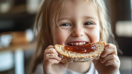 A playful image of a child enjoying a slice of bread with jam, with a big smile and crumbs around their mouth, showcasing the simple joys of childhood snacks.の素材