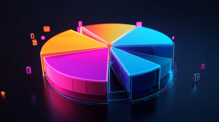 A rotating 3D pie chart with colorful, layered sections representing data, with numbers and labels floating beside each slice for clarity.の素材