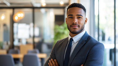 A professional portrait of a young male entrepreneur in a stylish office setting, with a clean, modern background and a confident, approachable demeanor.の素材