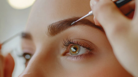 A professional eyebrow grooming scene with a stylist using tweezers to shape a woman eyebrows, highlighting the precision of the process in a clean salon setting.の素材