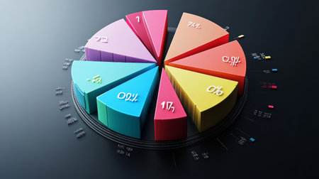 A rotating 3D pie chart with colorful, layered sections representing data, with numbers and labels floating beside each slice for clarity.の素材