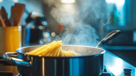 A sleek, modern kitchen with a large pot of pasta boiling on the stove, with the lid slightly ajar, and steam rising gently.の素材