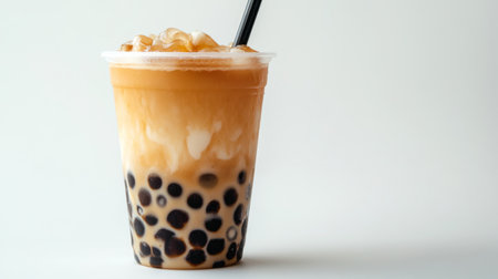 A single cup of bubble tea with a wide straw, showcasing the layers of tea, milk, and pearls, isolated on a pure white backdrop for a modern and minimalistic look.の素材