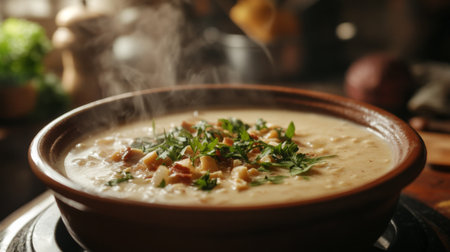 A steaming bowl of creamy chestnut soup garnished with fresh herbs, served in a cozy kitchen setting with warm lighting, creating an inviting atmosphere.の素材