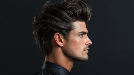A side view of a man with a textured quiff hairstyle, showing off the volume and natural flow of the hair, styled to perfection.の素材