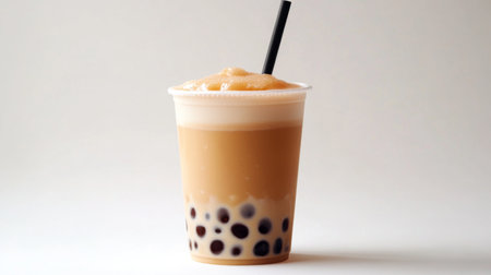 A single cup of bubble tea with a wide straw, showcasing the layers of tea, milk, and pearls, isolated on a pure white backdrop for a modern and minimalistic look.の素材