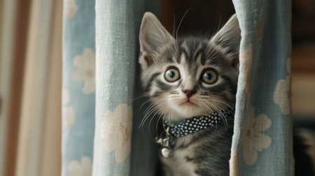 A tiny kitten with soft gray fur, wearing a polka dot collar, peeking out from behind a curtain with a playful, curious expression.の素材