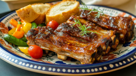 A serving of succulent fried pork ribs on a colorful ceramic plate, with a side of garlic bread and fresh vegetables, emphasizing a delightful dinner experience.の素材