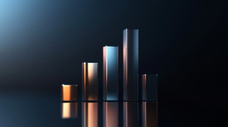 A sleek, futuristic 3D bar graph with metallic bars rising from a reflective surface, set against a dark gradient background, highlighting business growth.の素材