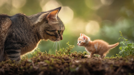 A stunning image of a baby bird being watched by a curious cat, capturing the playful dynamics of nature and the interactions between different species.の素材