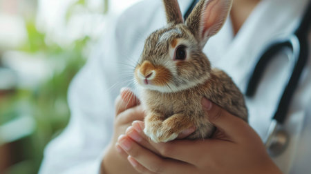 A touching moment of a veterinarian comforting a nervous rabbit, holding it gently in their hands, showcasing compassion and the importance of emotional support for animals.の素材
