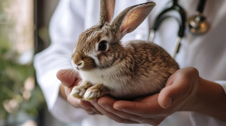 A touching moment of a veterinarian comforting a nervous rabbit, holding it gently in their hands, showcasing compassion and the importance of emotional support for animals.の素材