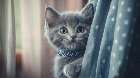 A tiny kitten with soft gray fur, wearing a polka dot collar, peeking out from behind a curtain with a playful, curious expression.の素材
