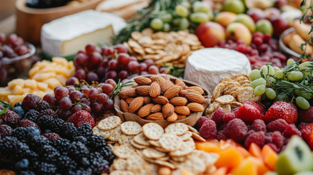 A stunning charcuterie board with roasted almonds, cheeses, fruits, and crackers, beautifully arranged for a gathering, highlighting the versatility of almonds.の素材