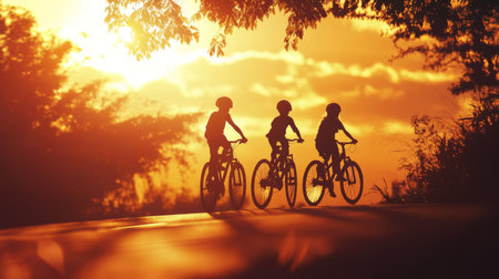 A striking silhouette of a family riding bicycles together during golden hour, their shadows cast long on the path, symbolizing adventure and togetherness.の素材