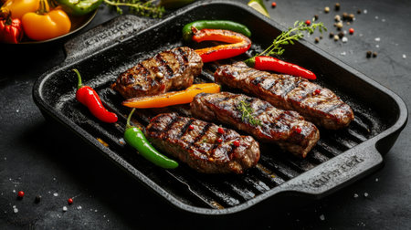 A striking photo of a hot grill pan with juicy steaks and colorful peppers sizzling, capturing the mouthwatering allure of grilled dishes ready to be served.の素材