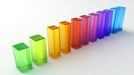 A vibrant 3D bar chart with rainbow-colored bars, each one labeled with clear data, set against a simple white background for an eye-catching presentation.の素材