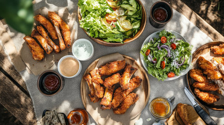 A top-down view of a picnic table filled with crispy fried pork ribs, fresh salad, and dipping sauces, set in a sunny outdoor setting, inviting viewers to enjoy a feast.の素材
