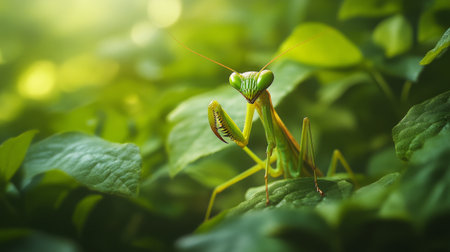 A striking photo of a praying mantis camouflaged among green leaves, ready to pounce, emphasizing the predatory nature of this fascinating insect.の素材