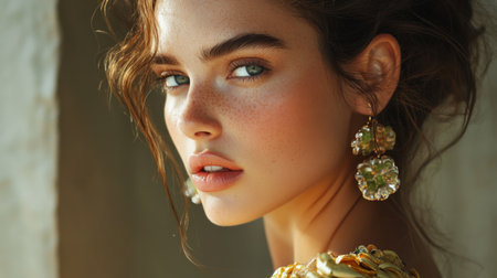 A stunning portrait of a model wearing statement earrings and a chic dress, captured in natural light, emphasizing the beauty and allure of high-fashion jewelry.の素材