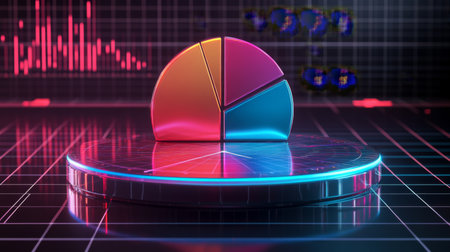 A transparent 3D pie chart with sleek, colorful sections rising from a reflective platform, showcasing business data against a dark backdrop with a glowing grid.の素材