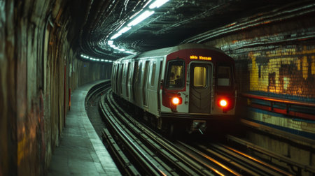 A unique angle of a subway train traveling through an underground tunnel, showcasing the engineering and infrastructure of urban transit systemsの素材