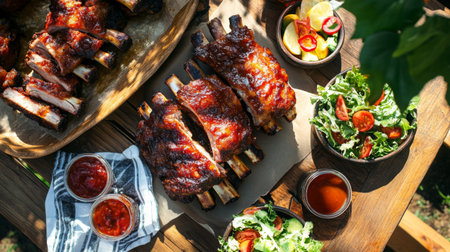 A top-down view of a picnic table filled with crispy fried pork ribs, fresh salad, and dipping sauces, set in a sunny outdoor setting, inviting viewers to enjoy a feast.の素材