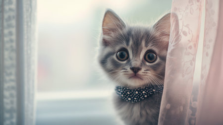 A tiny kitten with soft gray fur, wearing a polka dot collar, peeking out from behind a curtain with a playful, curious expression.の素材
