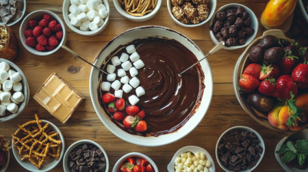 A top-down view of a chocolate fondue setup, complete with various dippables like fruits, marshmallows, and pretzels, inviting guests to indulge and enjoyの素材