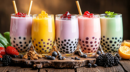 A variety of bubble tea flavors, including classic milk tea, matcha, and fruit-based teas, with colorful pearls and toppings in glass cups, beautifully arranged on a table.の素材