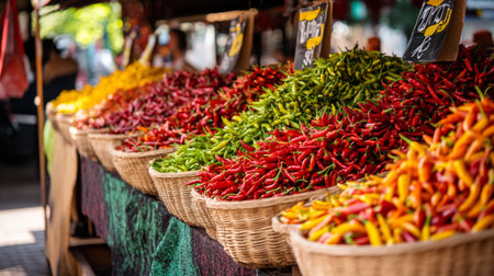 A vibrant market stall overflowing with different types of chili peppers, from mild to fiery hot, attracting food lovers with its colorful display of spices.の素材