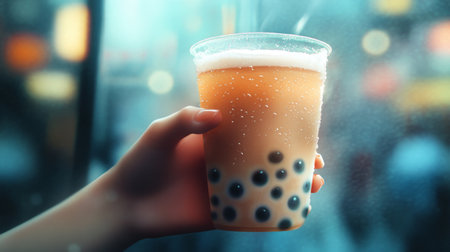 An artistic representation of a hand holding a bubble tea cup, with droplets of condensation on the surface, highlighting the refreshing nature of the drink on a hot day.の素材