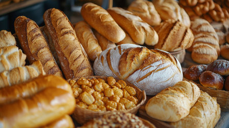 A vibrant scene of a bakery display filled with various types of bread, including baguettes, sourdough, and pastries, inviting customers to indulge in freshly baked goods.の素材